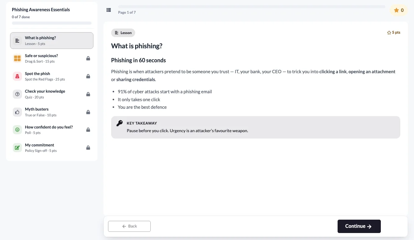 The Training Hub employee player showing a lesson page, the page outline and progress