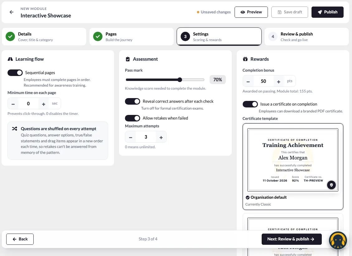 Training Hub settings for scoring, rewards and certificate templates